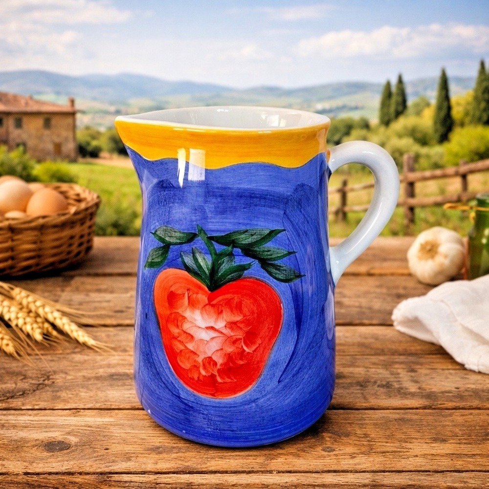 Pizzato Italy‎ Hand Painted Ceramic Pitcher Blue Strawberry 8.5"